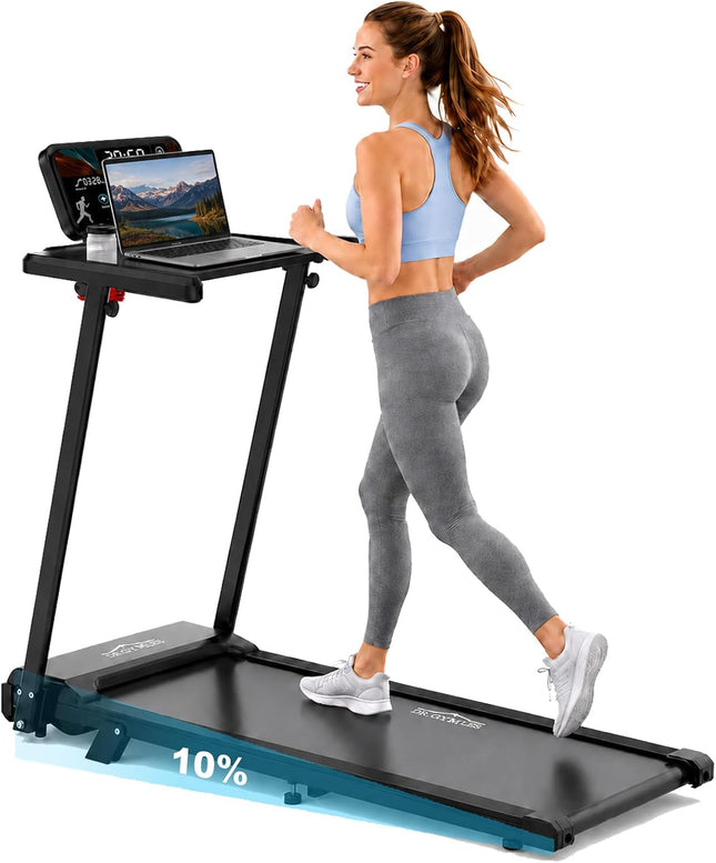 1-12km/h Folding Treadmill with 0%-10% Incline, 6 in 1, Quiet Treadmill for Home and Office, Adjustable LED Display 95°-105°, Running Surface 105×42cm, Load Capacity 136kg