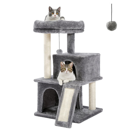 PETEPELA Kratzbaum für Katzen, 89 cm, Katzenturm mit Doppelhöhlen, abnehmbare, geräumige Sitzfläche, vollständig mit Sisal umwickelte Kratzstämme, austauschbare baumelnde Bälle, Beige