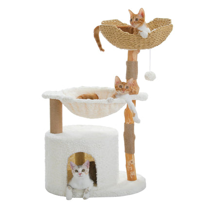 PETEPELA 120 cm Moderner Kratzbaum für große Katzen mit Blumen-Aussichtsplattform, natürlichem Massivholz-Kratzpfosten, Boho-Rattan-Kratzbaum mit Höhle und Weidenkorb-Bett für Wohnungskatzen, Wolkenwe