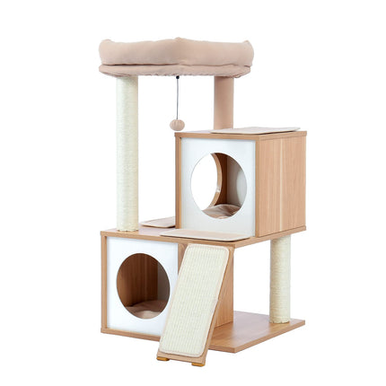 PETEPELA Kratzbaum mit Dual Condos für Wohnungskatzen, All-in-One-Katzenhaus mit gepolsterter Sitzstange, Kratzrampe und Pfosten und austauschbaren Bällen Beige