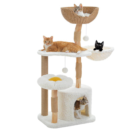PETEPELA 102cm Moderner Kratzbaum für Katzen alle Lebensphase, luxuriöser Kletterbaum mit großem Weidenkorb, geräumige Höhle und 40cm weit Hängematte, ästhetisches Katzenhaus für Wohnungskatzen beige
