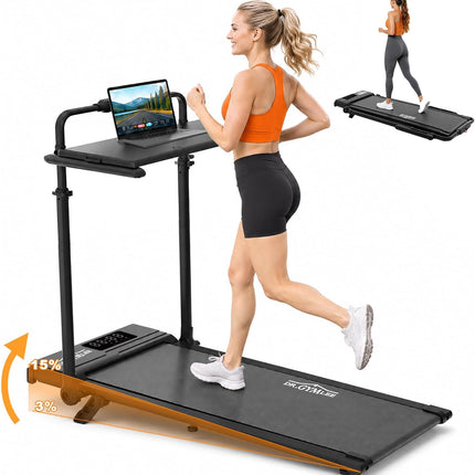 Laufband Walking Pad 6 in 1 mit Steigung 3–15% und verstellbarem Griff, Schreibtisch, 1–12 km/h, 8-Punkt-Dämpfung, LED-Display, Fernbedienung, max. 130 kg