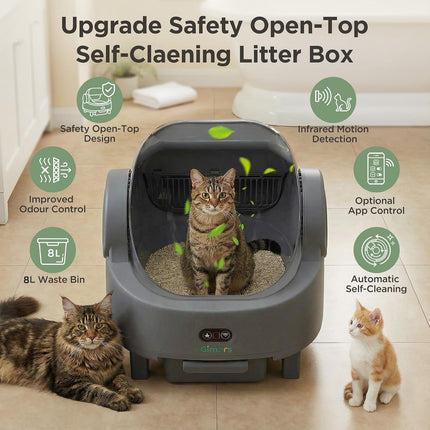 Gimars Self-cleaning cat litter box with open design, automatic cat litter box for multiple cats and seniors, app control with safety sensors, low odour, includes bin bag and litter mat
