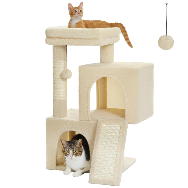 PETEPELA Kratzbaum mit Dual Condos für Wohnungskatzen, All-in-One-Katzenhaus mit gepolsterter Sitzstange, Kratzrampe und Pfosten und austauschbaren Bällen Beige