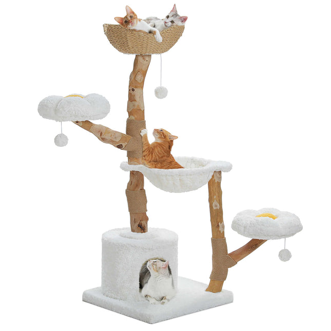 PETEPELA 102cm Moderner Kratzbaum für Katzen alle Lebensphase, luxuriöser Kletterbaum mit großem Weidenkorb, geräumige Höhle und 40cm weit Hängematte, ästhetisches Katzenhaus für Wohnungskatzen beige