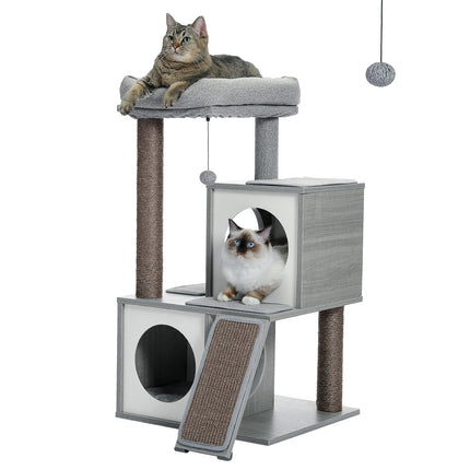 PETEPELA Kratzbaum mit Dual Condos für Wohnungskatzen, All-in-One-Katzenhaus mit gepolsterter Sitzstange, Kratzrampe und Pfosten und austauschbaren Bällen Beige