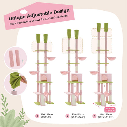 PETEPELA Kratzbaum deckenhoch Katzenturm mit großen Condo einstellbare Höhe 216cm-285cm, 5 Tiers Katzensaktivitätszentrum mit gemütlichen Hängematte, Plattformen und Dangling Balls rosa