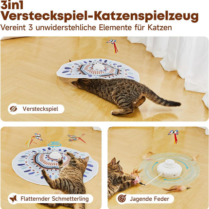 Potaroma Katzenspielzeug Selbstbeschäftigung, wiederaufladbar Elektrisch 3-in-1 Versteckspiel Kätzchen Interaktives Spielzeug für Indoor Cats, flatternder Schmetterling, bewegliche Feder Geräusch
