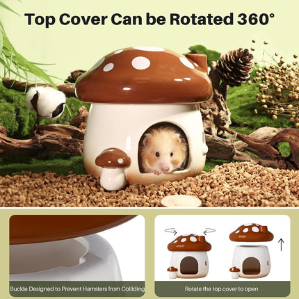 BUCATSTATE Ceramic Hamster Hideout, Mushroom-Shaped Hamster House and Habitat, Fresh Bed, Ideal for Dwarf Hamsters, for All Seasons, Gerbils, Golden Bear (Brown/Large)
