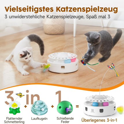 Potaroma 3-in-1 Interaktives Elektrisches Katzenspielzeug – Automatisches Federspiel, Flatternder Schmetterling & Katzenballbahn – USB-betrieben & Batteriebetriebenes für Wohnungskatzen