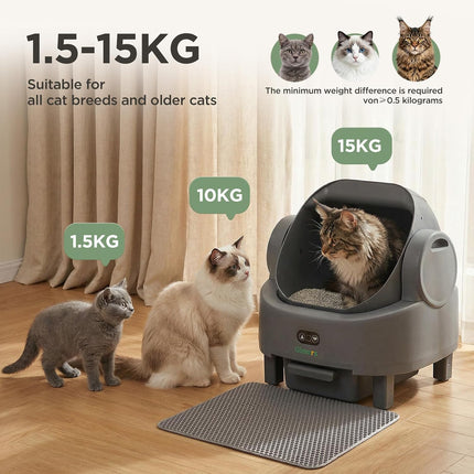 Gimars Self-cleaning cat litter box with open design, automatic cat litter box for multiple cats and seniors, app control with safety sensors, low odour, includes bin bag and litter mat