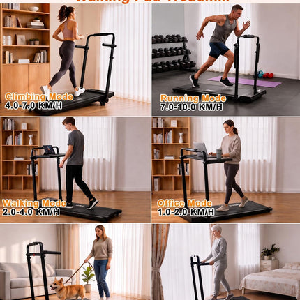 Laufband Walking Pad 6 in 1 mit Steigung 3–15% und verstellbarem Griff, Schreibtisch, 1–12 km/h, 8-Punkt-Dämpfung, LED-Display, Fernbedienung, max. 130 kg