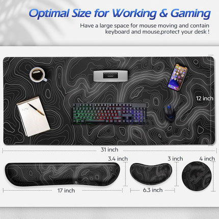 Gimars 4-in-1 XXL Gaming Mouse Mat with Gel Cushion, Ergonomic Wrist Rest Keyboard, 800 x 305 mm Mousepad, Table Mat, Gaming Accessories, Wrist Rest for PC, MacBook, Laptop, Topographic Map