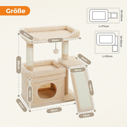 PETEPELA Kleiner Kratzbaum für große ausgewachsene Katzen mit breiter oberer Liegefläche, privater Katzenhöhle und Sisal-Kratzsäule，Kratzpad für Wohnungskatzen,beige