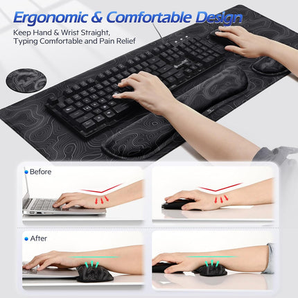 Gimars 4-in-1 XXL Gaming Mouse Mat with Gel Cushion, Ergonomic Wrist Rest Keyboard, 800 x 305 mm Mousepad, Table Mat, Gaming Accessories, Wrist Rest for PC, MacBook, Laptop, Topographic Map