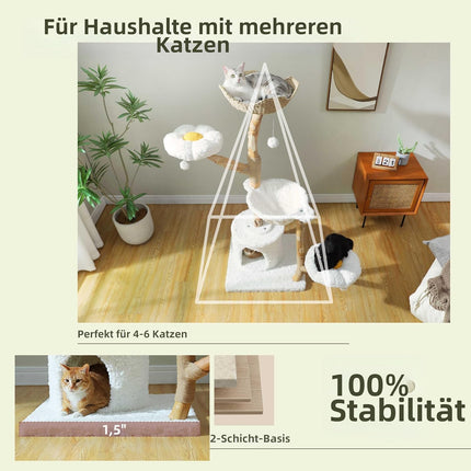 PETEPELA Kratzbaum für Wohnungskatzen, 150 cm hoher moderner Katzenbaum für große Katzen, mit 3 großen Körben, aus massivem Naturholz, Luxus-Katzenhaus mit Hängematte, modernes Möbel, Beige
