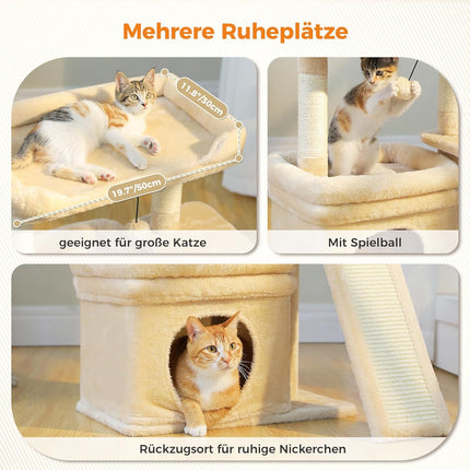 PETEPELA Kleiner Kratzbaum für große ausgewachsene Katzen mit breiter oberer Liegefläche, privater Katzenhöhle und Sisal-Kratzsäule，Kratzpad für Wohnungskatzen,beige