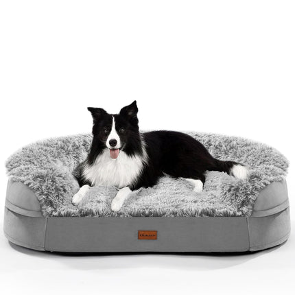 Gimars 9.5 cm Thick L Orthopaedic Dog Bed for Very Large Dogs, Supportive Dog Sofa with 28D Egg Carton Foam, Removable Washable Plush Cover, Waterproof Inner Cover, Semicircular