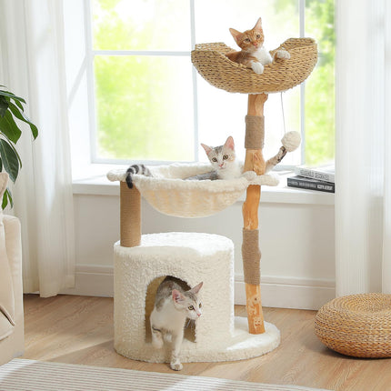 PETEPELA 102cm Moderner Kratzbaum für Katzen alle Lebensphase, luxuriöser Kletterbaum mit großem Weidenkorb, geräumige Höhle und 40cm weit Hängematte, ästhetisches Katzenhaus für Wohnungskatzen beige