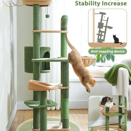 PETEPELA 150cm Kaktus Kratzbaum, hoher Katzenbaum für große Katze, mehrstöckiger Katzenturm, Katzenkratzbaum für Wohnungskatzen, Katzenwohnung mit großer Hängematte, Kratzsäule und 2 Sitzstangen, grün